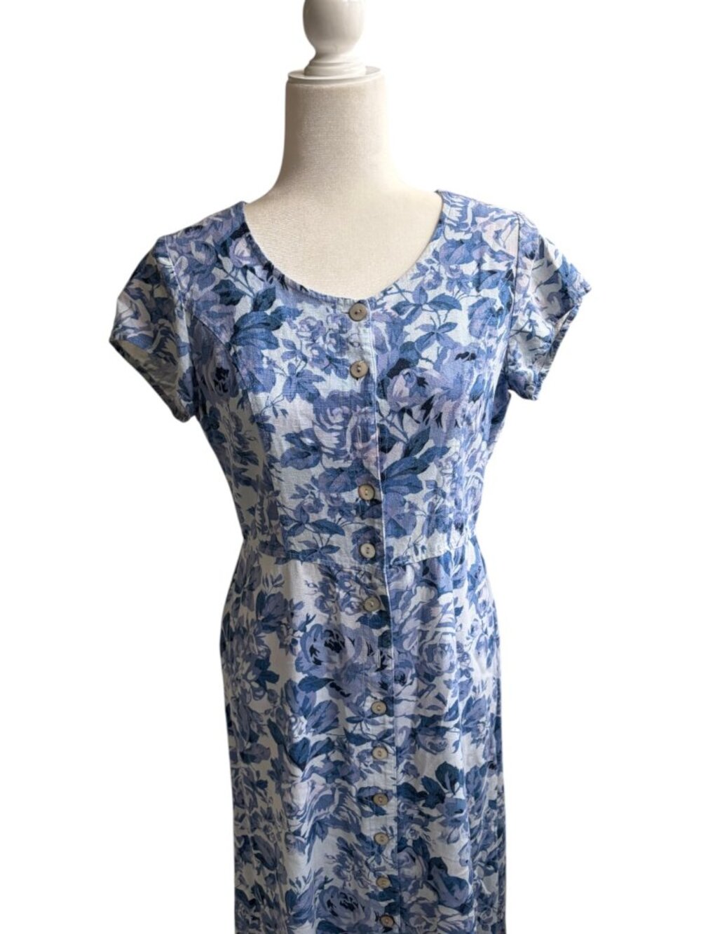 Vintage Linen Button Front Floral Rose Blue Midi Dress Cottagecore Size Medium - Picture 2 of 4